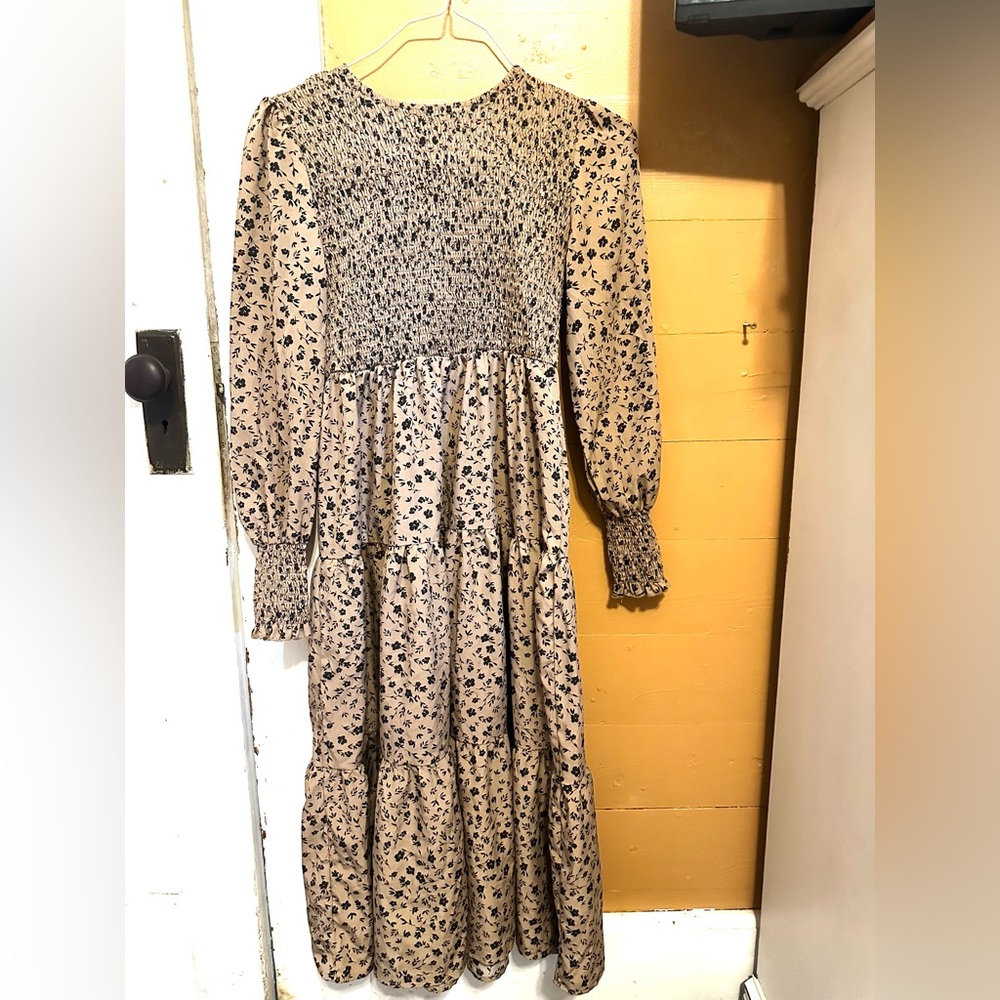 SHEIN Black and White Smocked Sundress with Bishop Sleeves